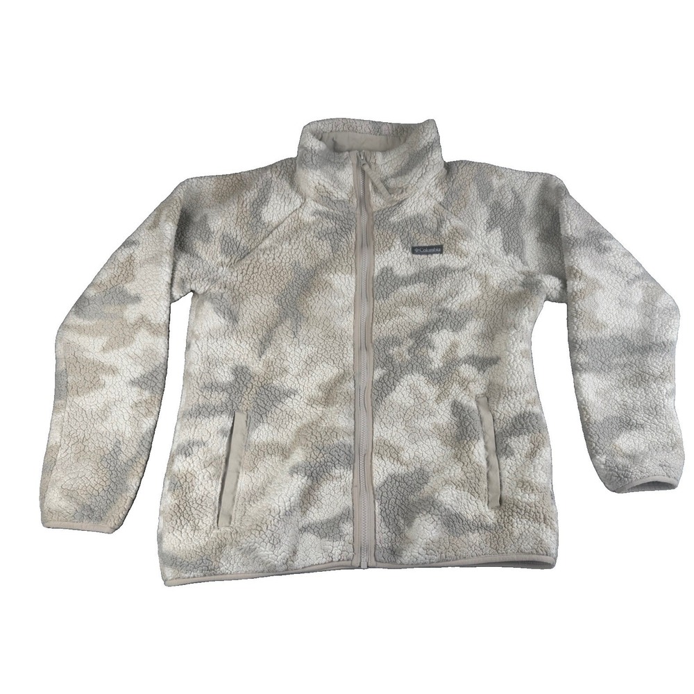 Columbia Sherpa Fleece Jacket Womens L Cream Gray Camo Full Zip Teddy Outdoor